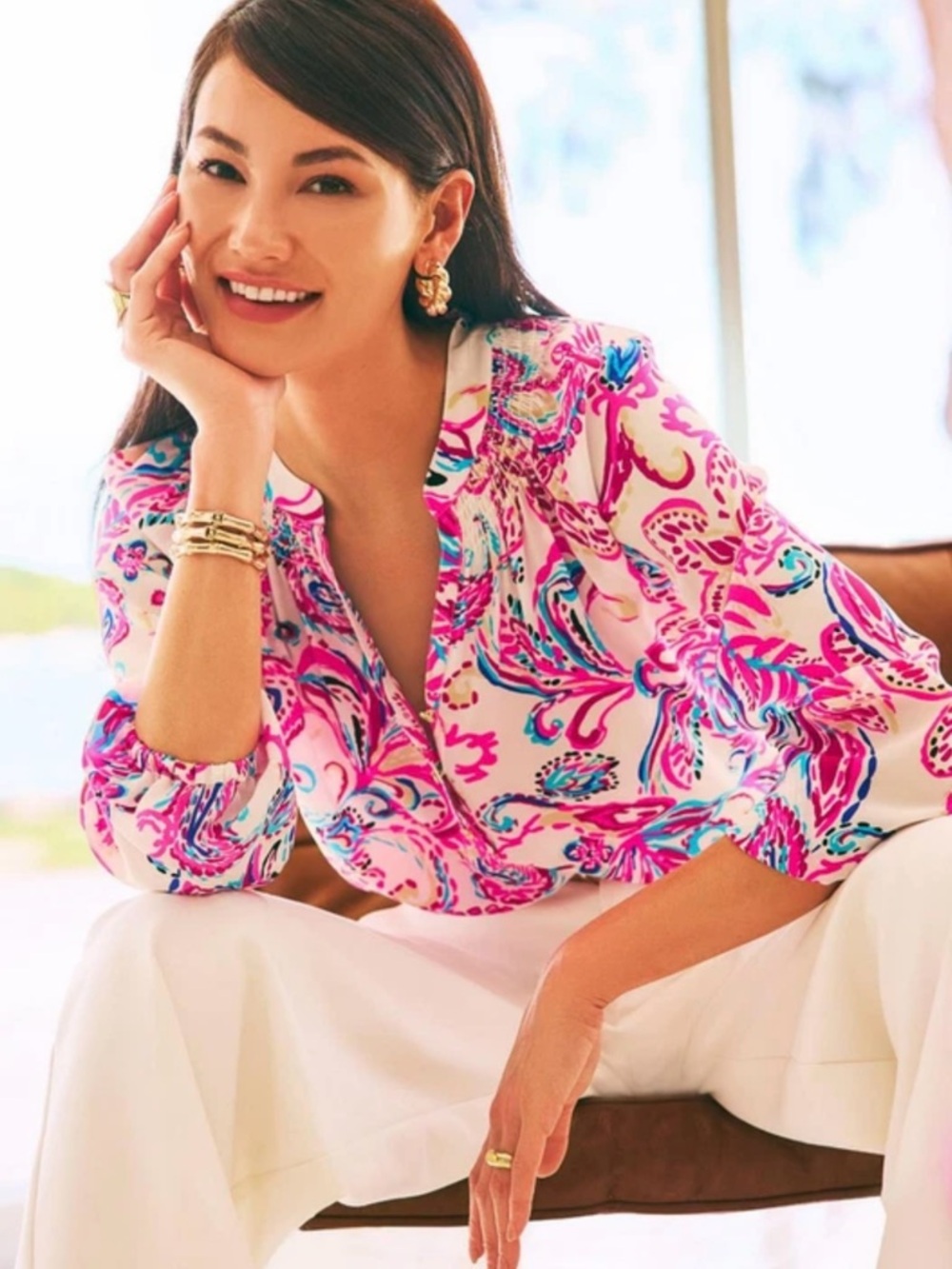 LILLY PULITZER ELSA SILK TOP SIZE XL COCONUT FLITTING ABOUT